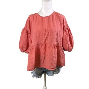 A New Day‎ Coral Textured Peasant Blouse Puff Sleeve Babydoll Top XXL